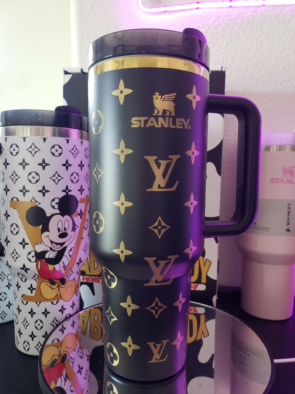 Black & Gold Logo Pattern Insulated Travel Mug with Handle